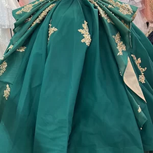 Only available in size 14. Beautiful & elegant Emerald-Green with Gold underside and Three-dimensional Floral Embroidered Gown.